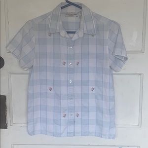 Vintage blue plaid button down with flowers